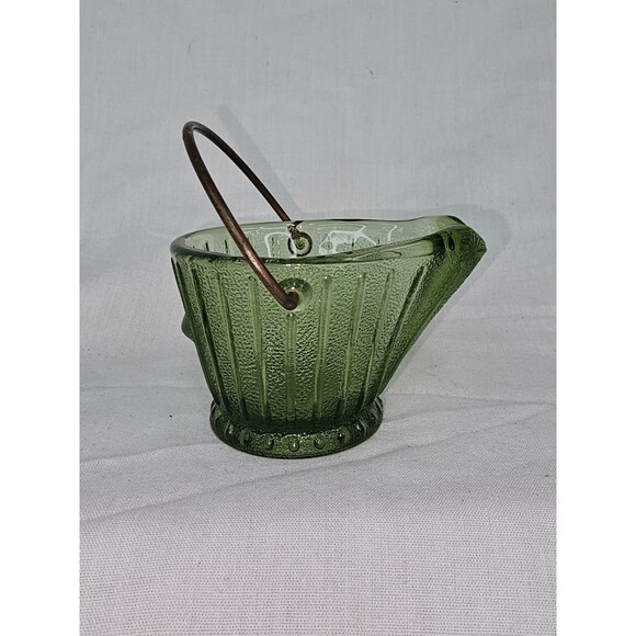 Vintage Green Ribbed Glass “Wash Bucket” Basket Metal Handle Mid-Century Decor - Picture 6 of 10